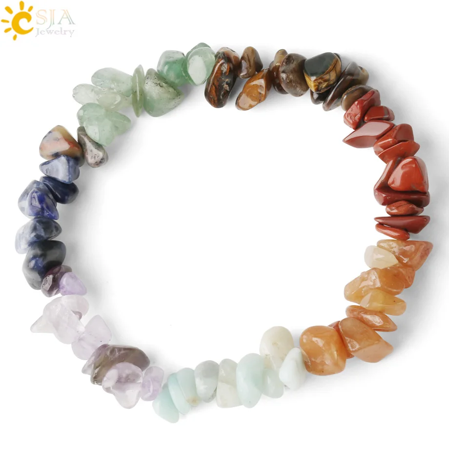 

CSJA wholesale natural crystal stone 7 chakra healing gravel bead bracelet for women reiki bangle G295