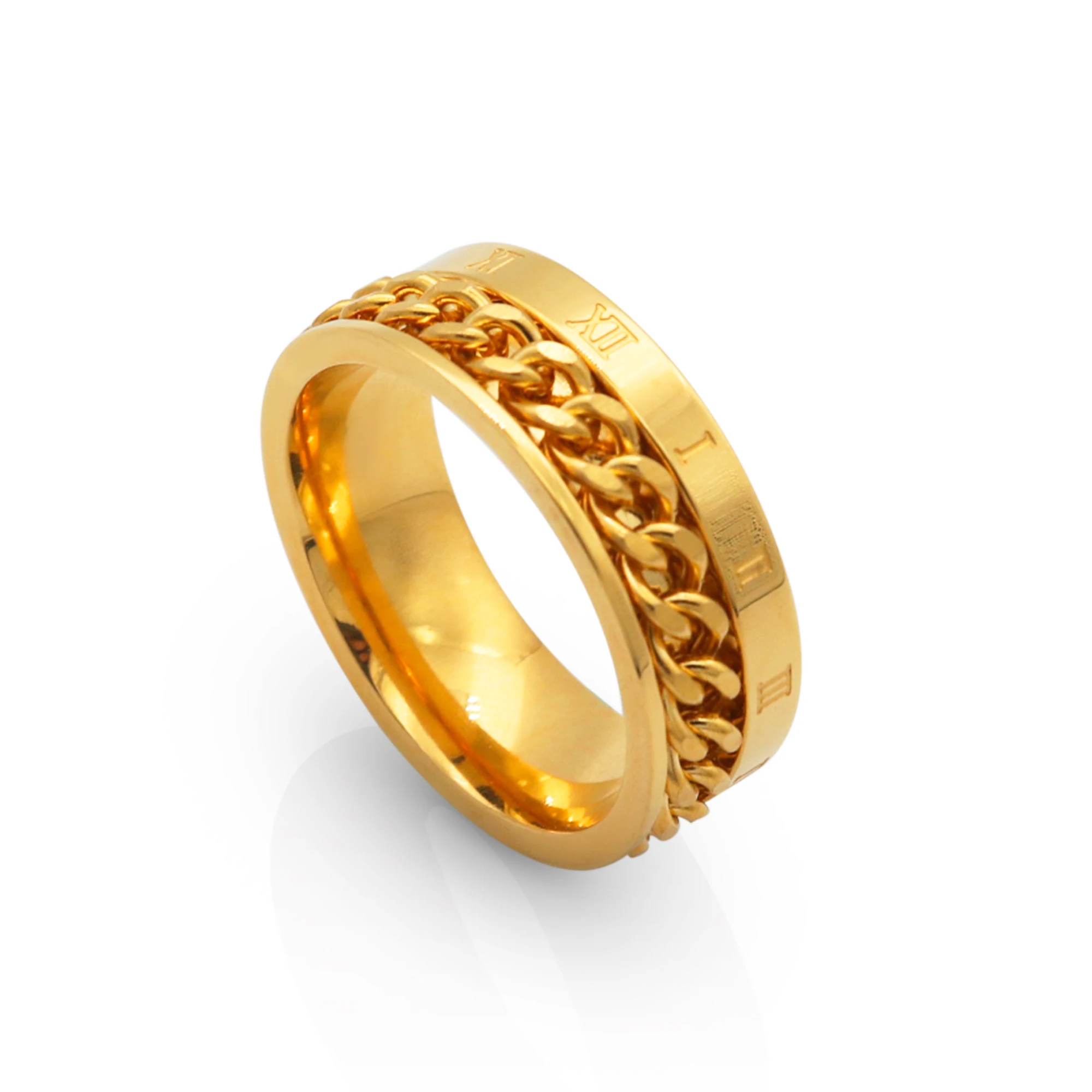 

Chris April in stock fashion jewellery PVD gold plated 316L stainless steel roman numberals chain men band ring