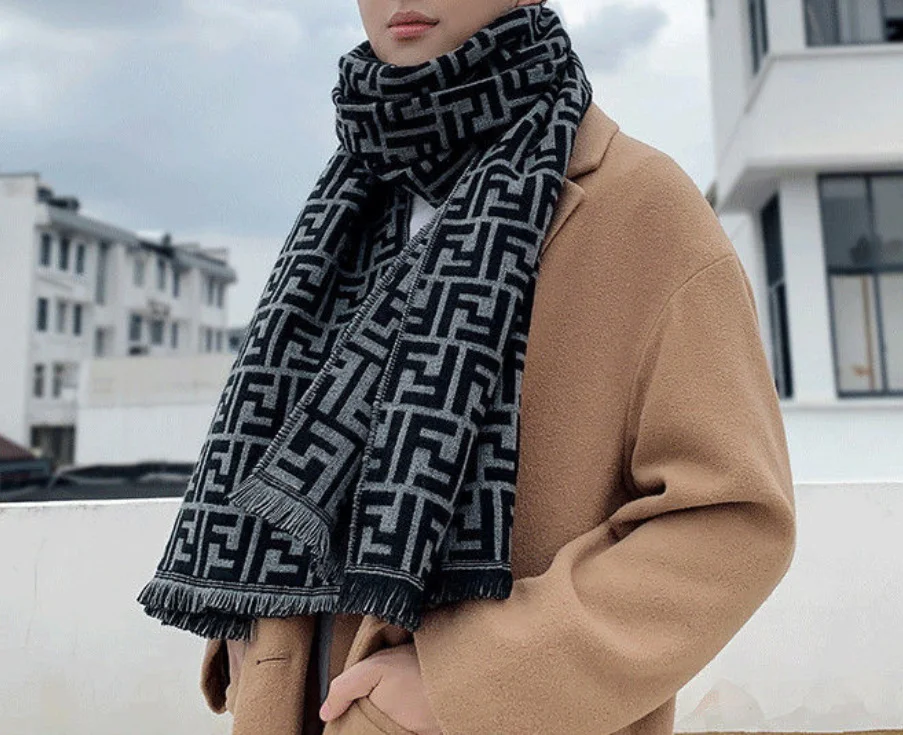 

New Men's Scarf Autumn Winter Warm Jacquard Black Grey Plaid Neck Cover Men's Cotton Outdoor Shawl, Customized color