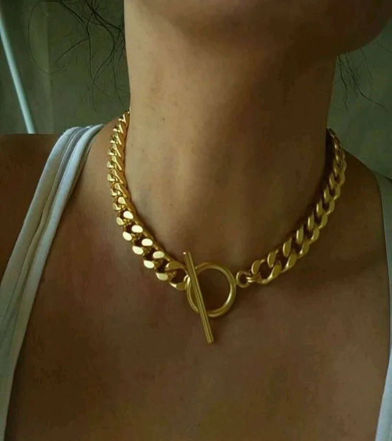 

2021 fashion street hip hop style thick 18k gold plating chain OT buckle choker necklace