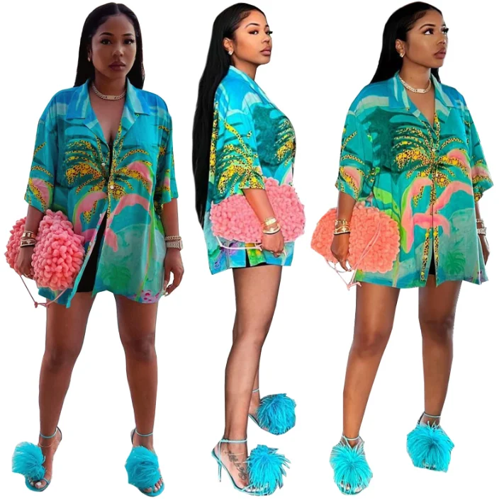 

2022 new fashion halt sleeve shirt summer women casual print shirt tee