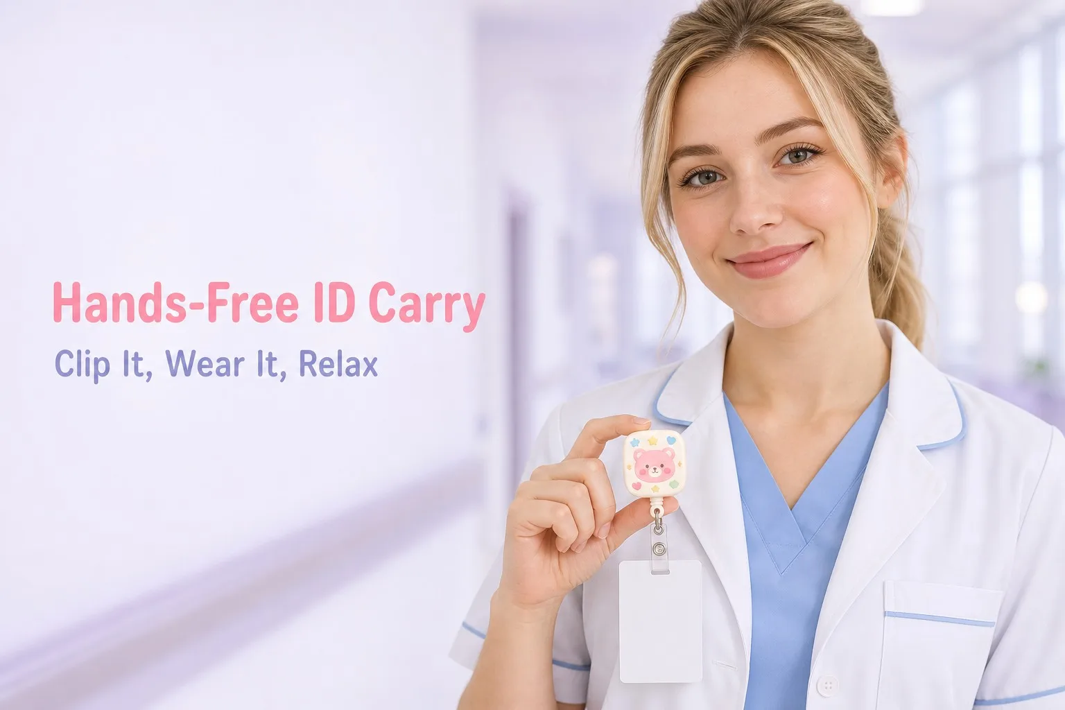 Hands-free ID carry demonstration with pink bear badge reel