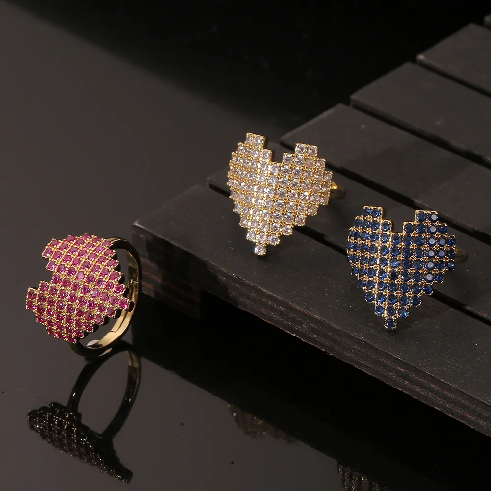 

Newest Arrival 18K Gold Plated Colorful Cubic Zircon Heart Rings Colorful Heart Diamond Rings For Women Girl