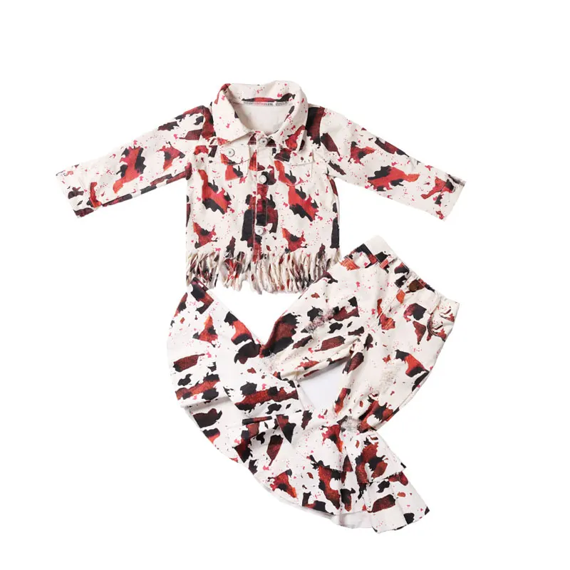 

Cow pattern cowboy suit baby girl clothing 3 piece baby clothing sets kids bell bottom set
