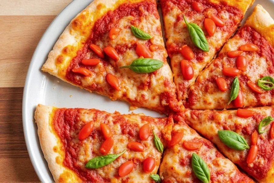 A colorful pizza with red pepper sauce