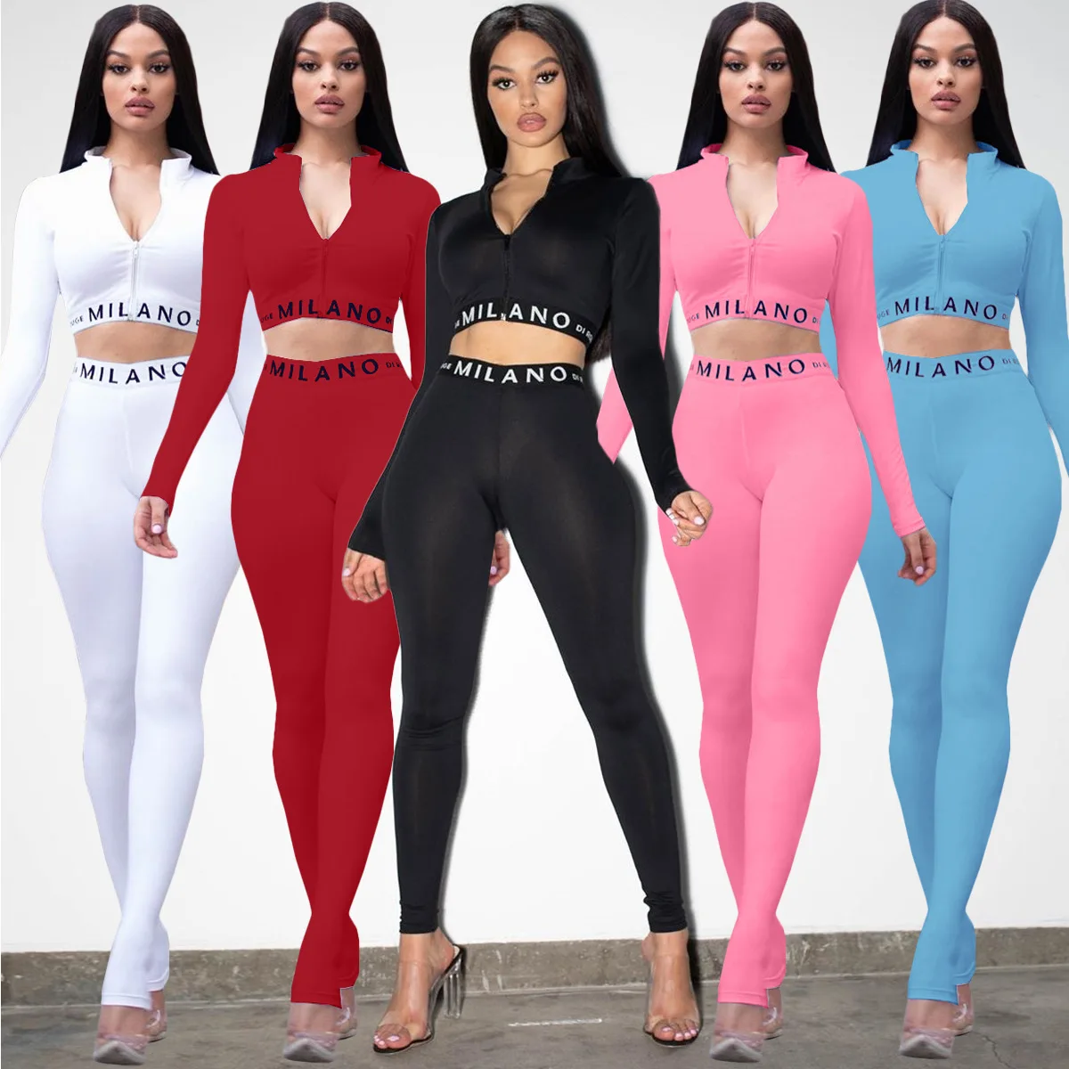 

Casual Solid Sexy Skinny Long Sleeve Navel Two Pieces Tracksuits Autumn Clothing 2 Piece Women Sets, Pink, white, blue, wine red, black