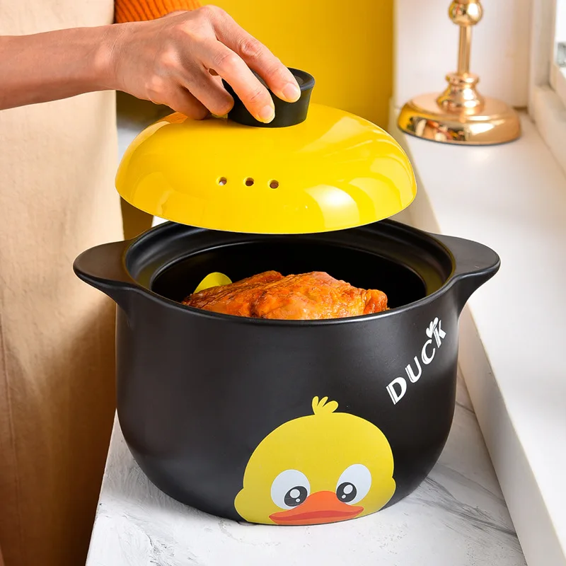 

Large capacity pot cute duck kitchen dinner ware high temperature resistant porcelain ceramic clay casserole serving set, Yellow