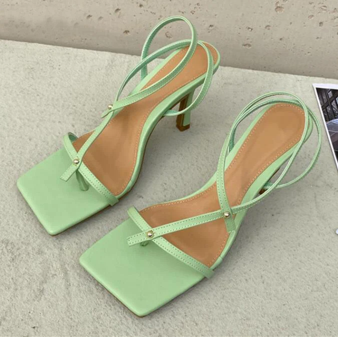 

2022 New Brand Design Gladiator Sandals Thin High Heel Dress Pumps Shoes Narrow Band Square Head Clip-On Strappy Sandals