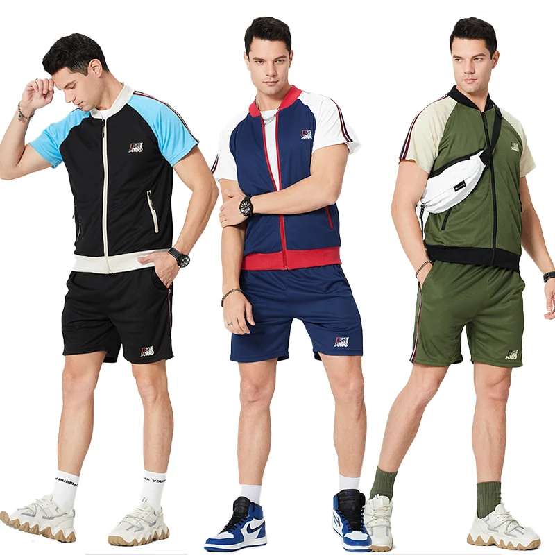 

2021 Men's Casual Sports Suit Men Short Sets Contrast Sleeves And Color Block Two Piece Pants Set Men Joggers Suits Set