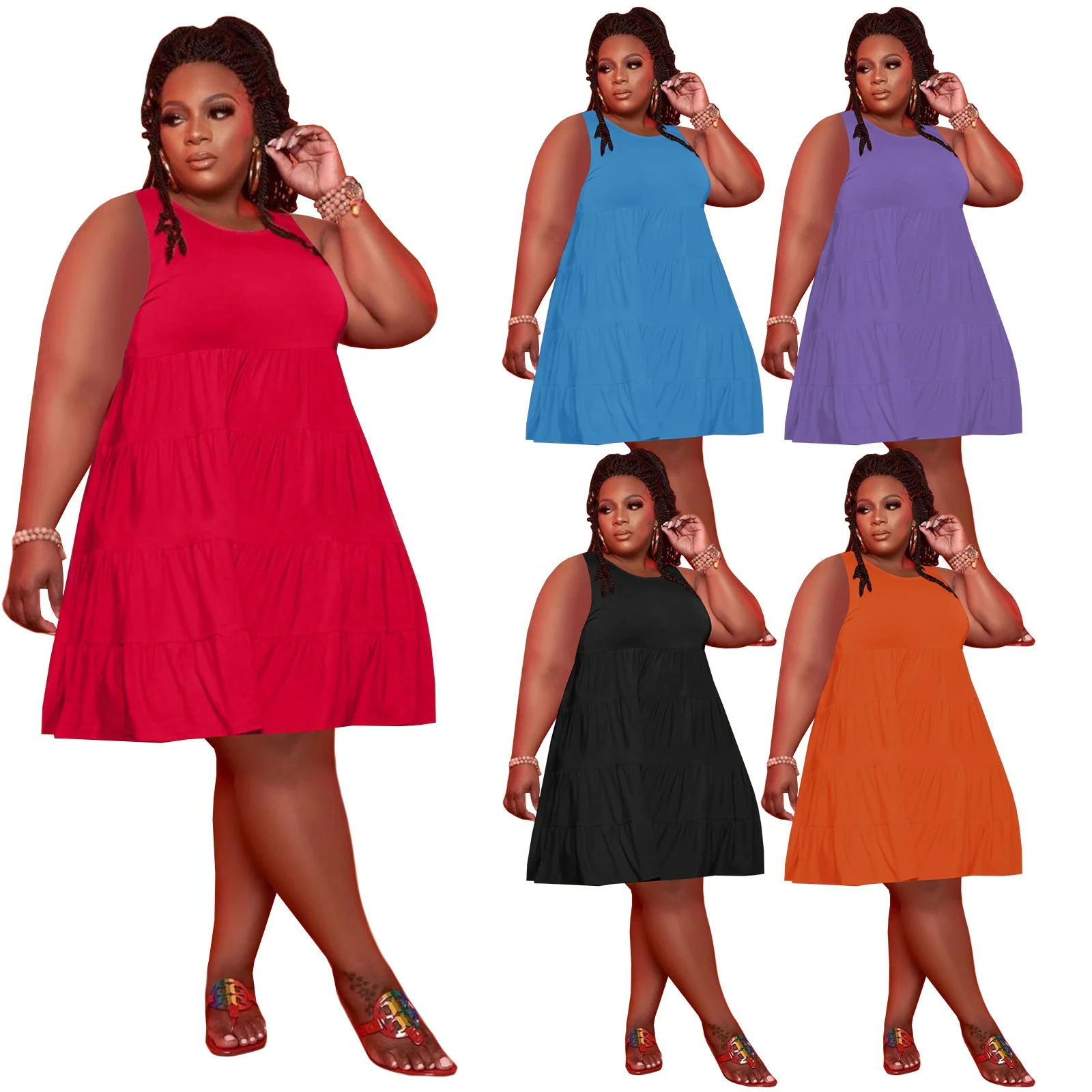 

LW-F7523 Fat women birthday party maxi flouncing o neck summer women sleeveless casual plus size dress