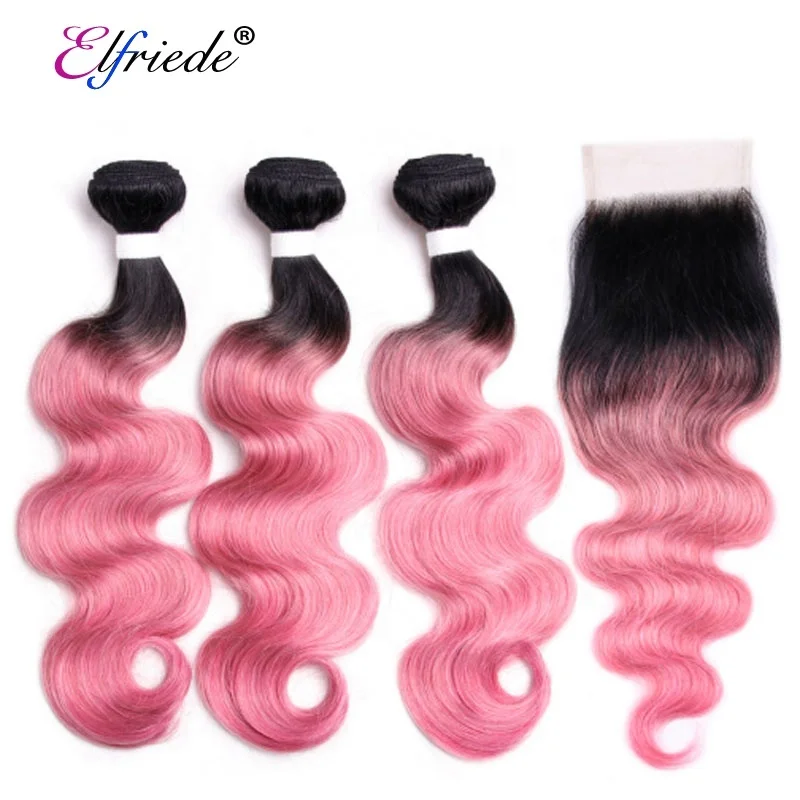 

#T 1B/Rose Pink Body Wave Ombre Hair Bundles with Lace Closure 4"x4" Brazilian Remy Human Hair Wefts with Closure JCXT-178