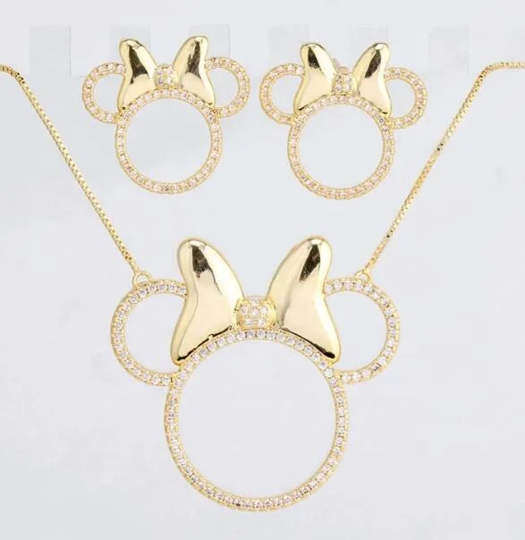 

Lovely 18K Gold Plated Necklace Minnie Mouse Pendant Necklaces and Stud Earrings for Children