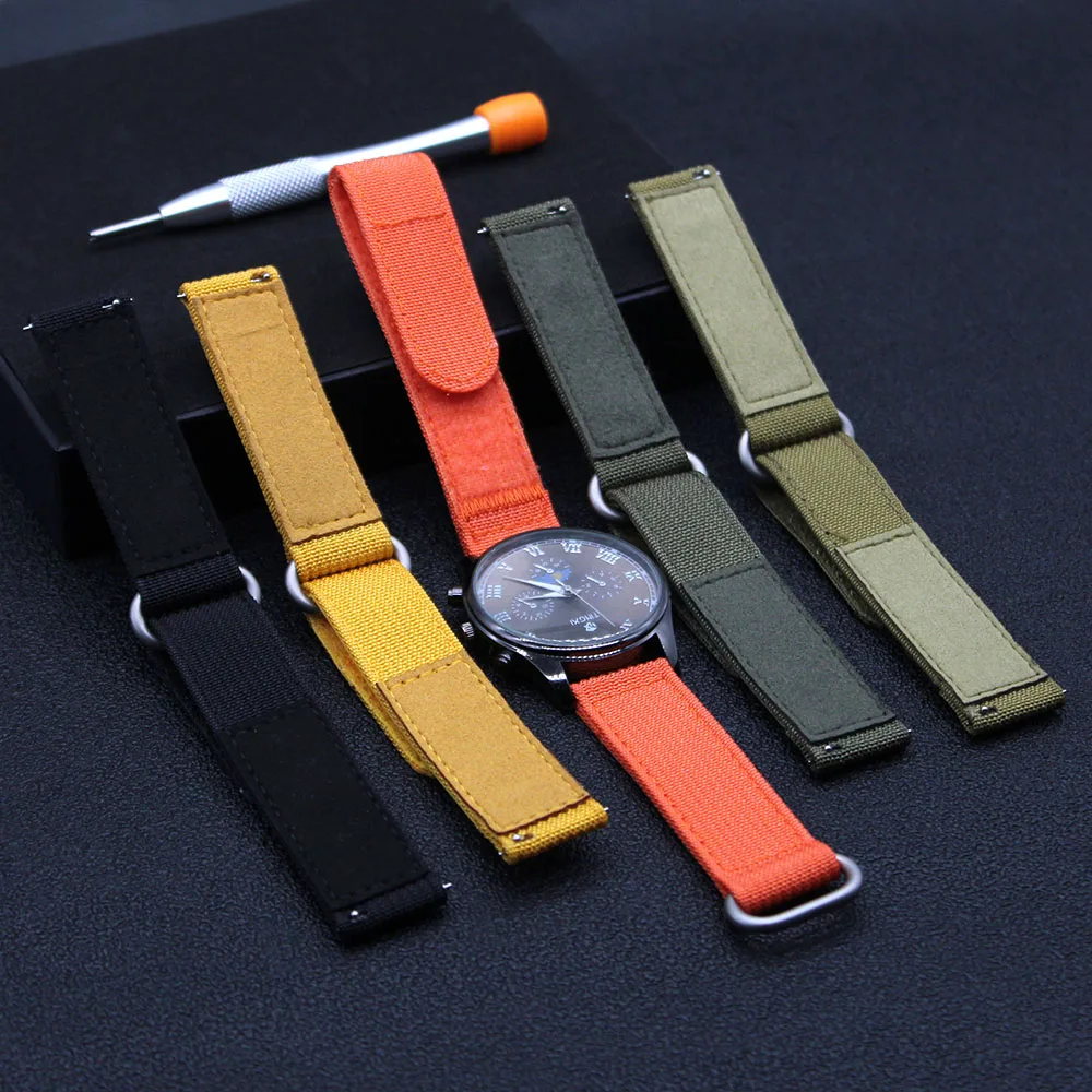 

Custom Logo Hook and Loop Adhesive Bracelet Quick Release Watch Strap 18mm 22mm Ribbed Adjustable Mustard Nylon Watch Band 20mm