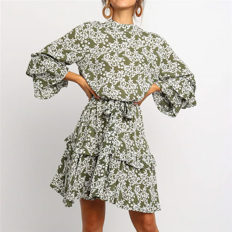 

2020 New Arrival holiday style standing-up collar three-quarter sleeve chiffon print high waist women ladies mini dresses