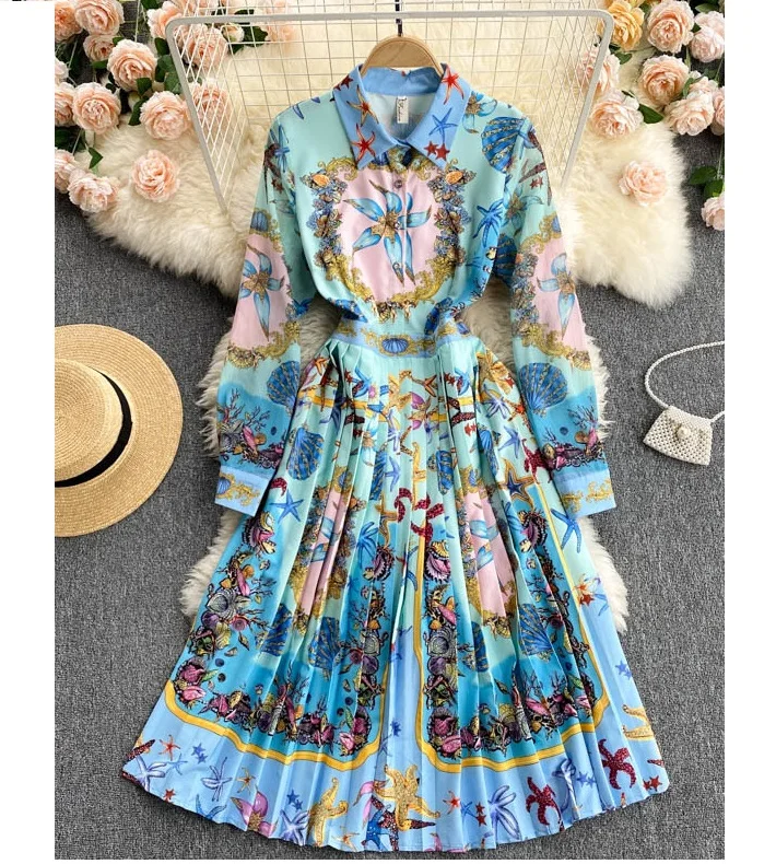 

Spring New Fashion Turn Down Collar Single Breasted Allover Print Ruched Hem Shirts Dress Women Casual High Waist A Line Dresses