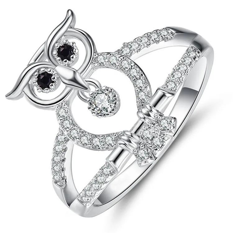 

2020 New Arrival Bridal Jewelry 14K White Gold Plated Opal And Black Sapphire Owl Ring Creative Animal Owl Shape CZ Ring, As picture