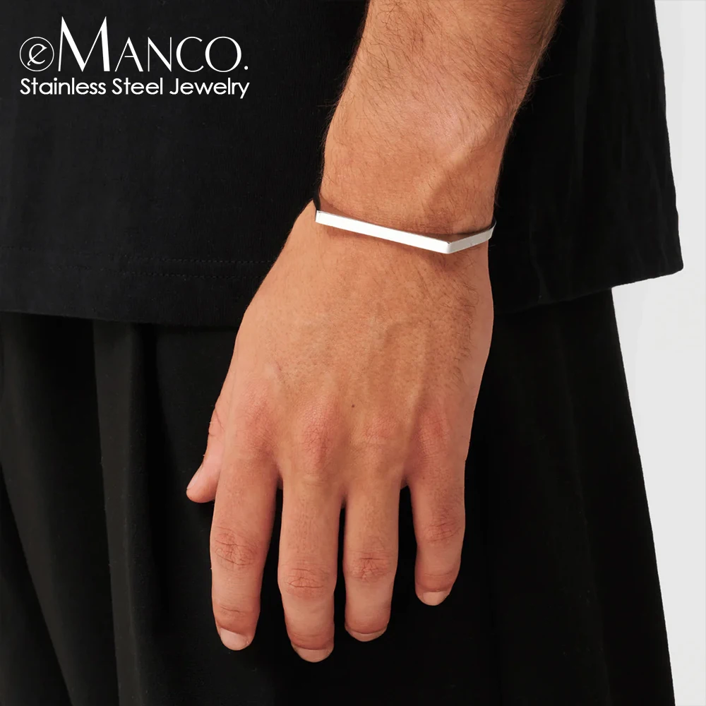 EManco Fashion Custom Engravable Logo Jewelry Minimalist Stainless Steel Sliver Plated Open Bangle Trendy Men's Cuff Bracelet