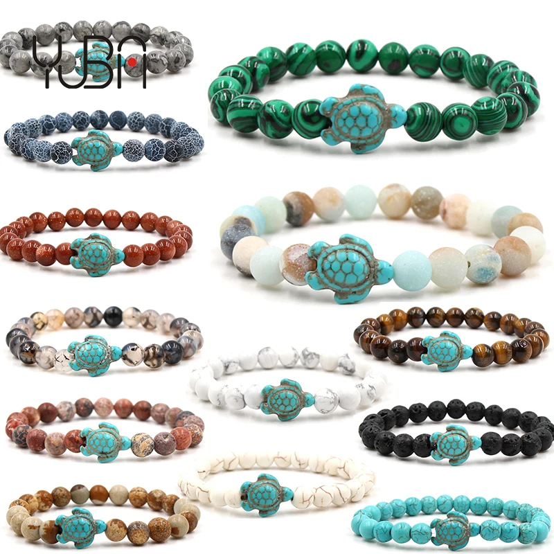 

Beaded Natural stone tortoise bracelet sea turtle charm Tiger eye turquoise Lava women mens beads Elastic bracelets, 14 colors