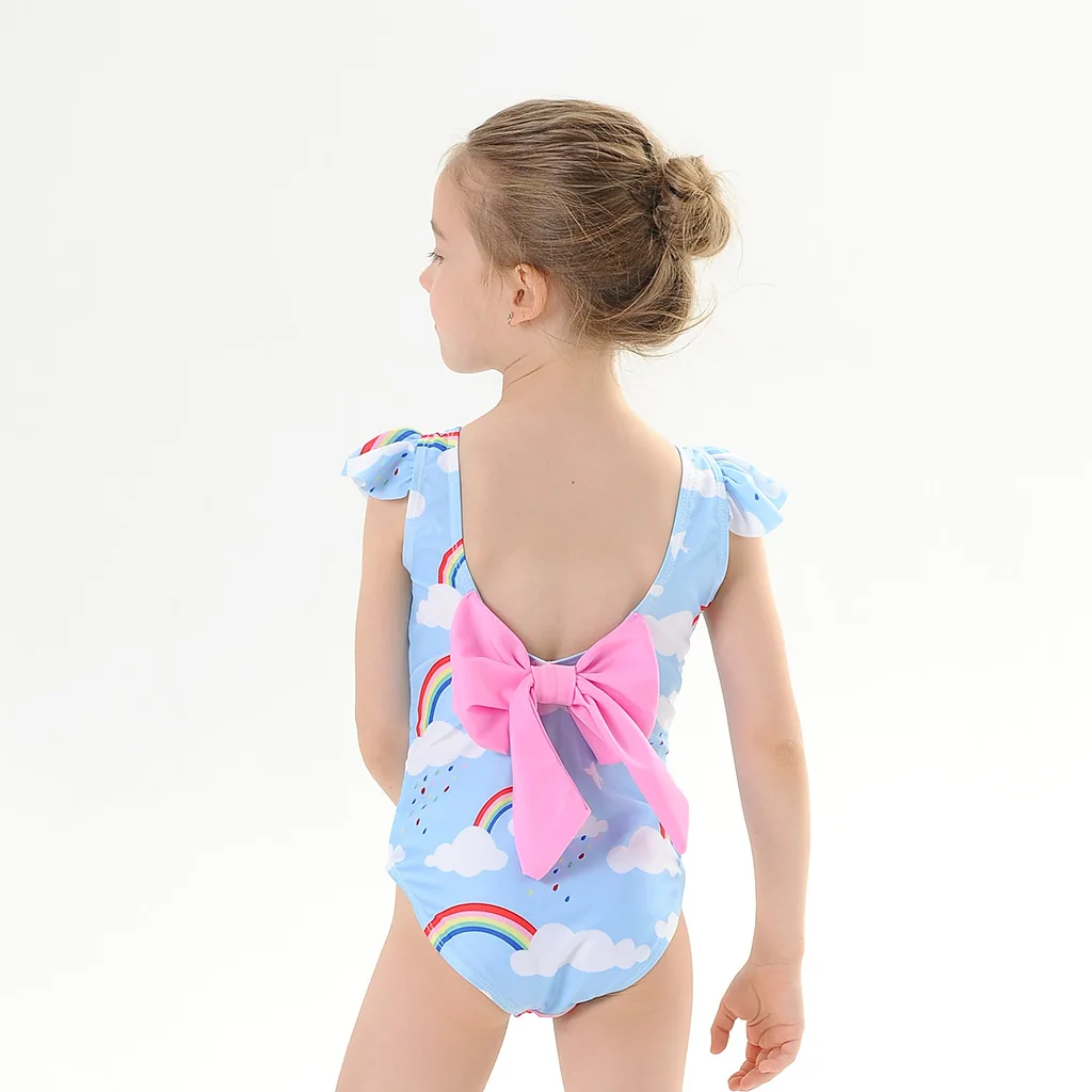 

Trendy Ruffled Sling Swimsuit Bowknot One Piece Rainbow Bathing Suits Girls Kids Swimwear