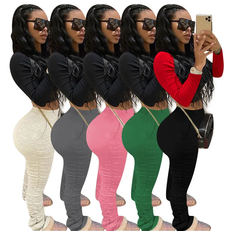 

2020 New Arrival Women Stacked Leggings Sweats Stacked Bottom Pants With Pocket