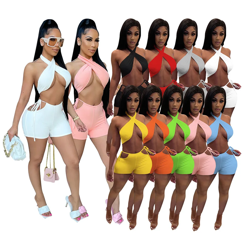 

OEM Solid Backless Cutout Green 2 Peice Sets For Women Two Peice Short Set Street Wear Cross Halter Top Summer 2 Piece Set Women