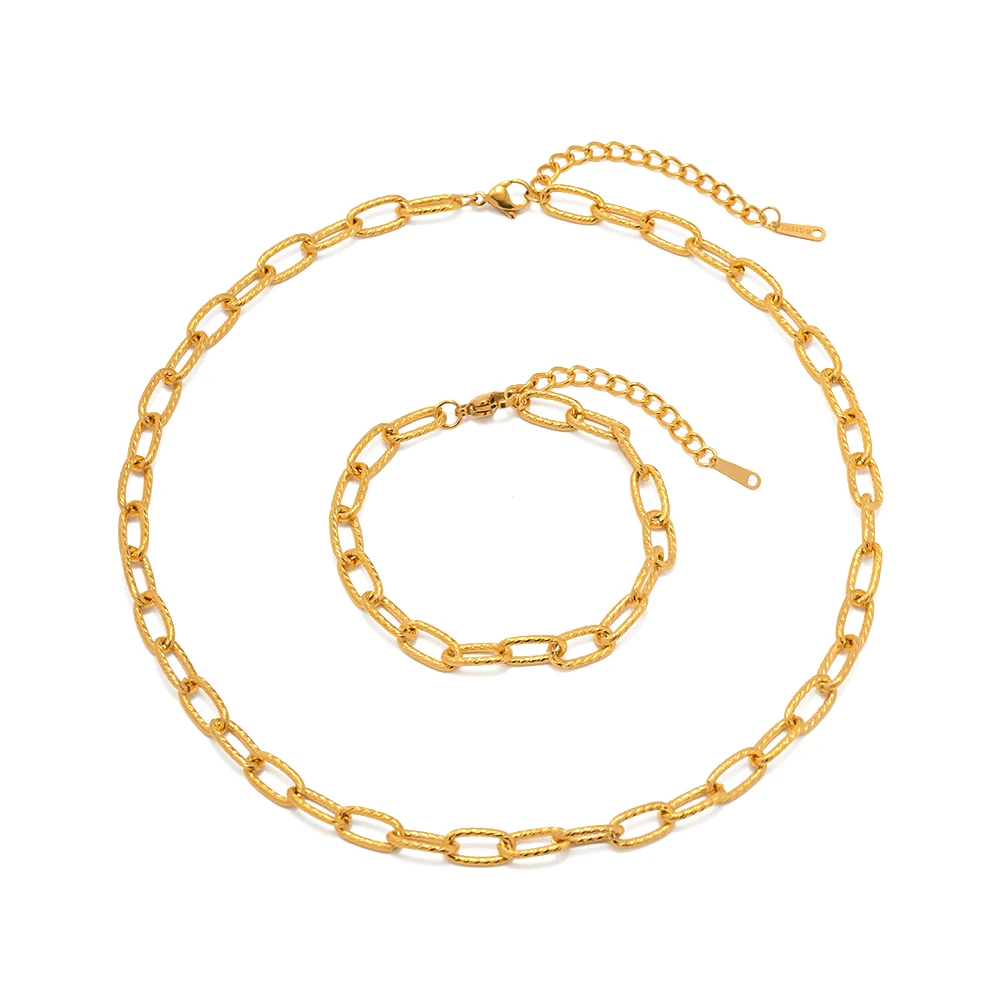 

Simple Stainless Steel 18K Gold Plated Thread Bracelet Necklace Set Link Chain Choker Thick Necklace
