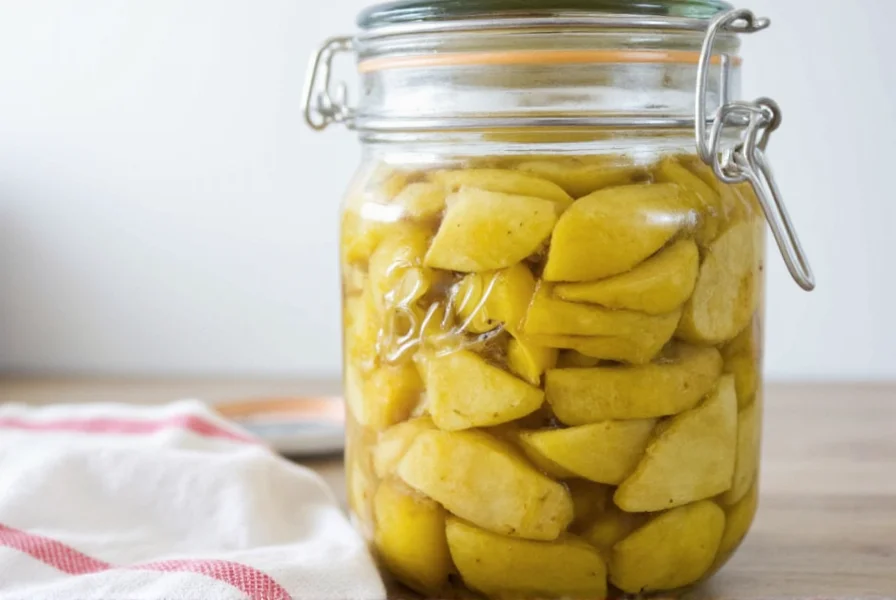 Thinly sliced ginger root arranged in a glass jar with pickling liquid