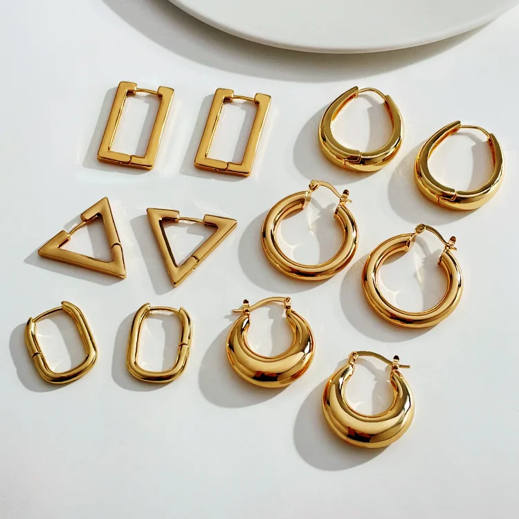 

non tarnish free 18k gold plated stainless steel geometric chunky gold hoop earrings