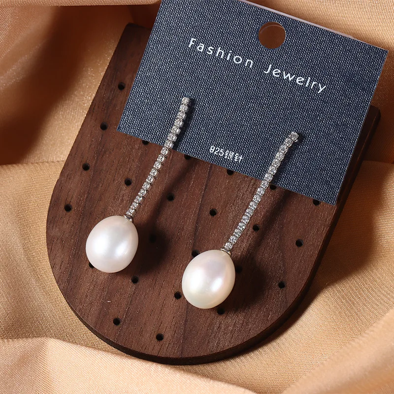 

S925 full-body inlaid with diamonds pure silver Water drop rice beads10-11mm natural fresh water pearl earrings