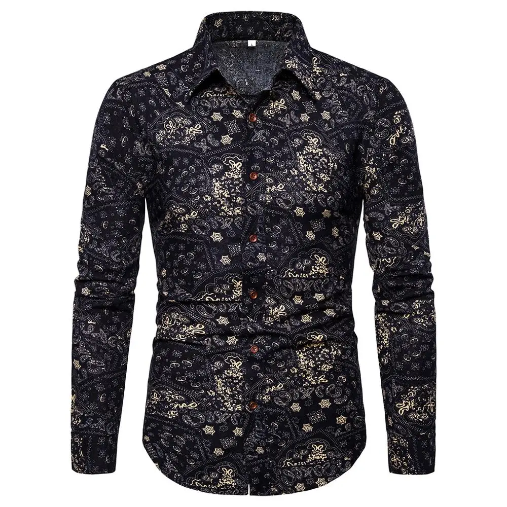 

Latest Men's Clothing Wholesale Casual Ethnic Style Turn-down Collar Printed Floral Slim Fit Long Sleeve Plus Size Mens Shirts, Cs109