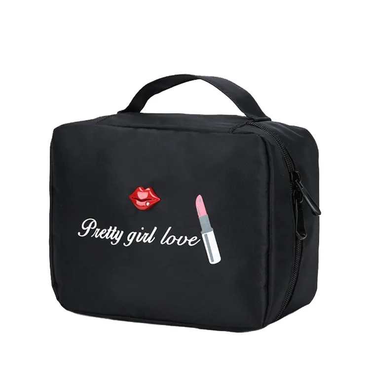 

wholesale black travel lip print waterproof nylon zippered make up storage toiletry cosmetic bag, Black ,customized color