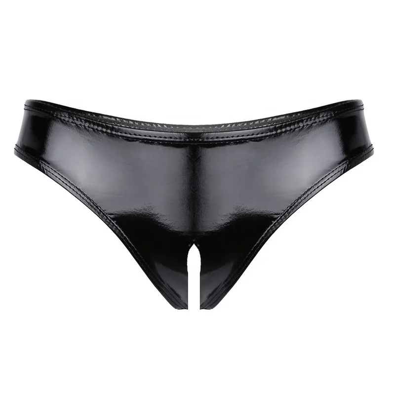 

iEFIEL  Black Women Lingerie Wet Look Patent Leather Open Crotch High Cut Mini Briefs Underwear