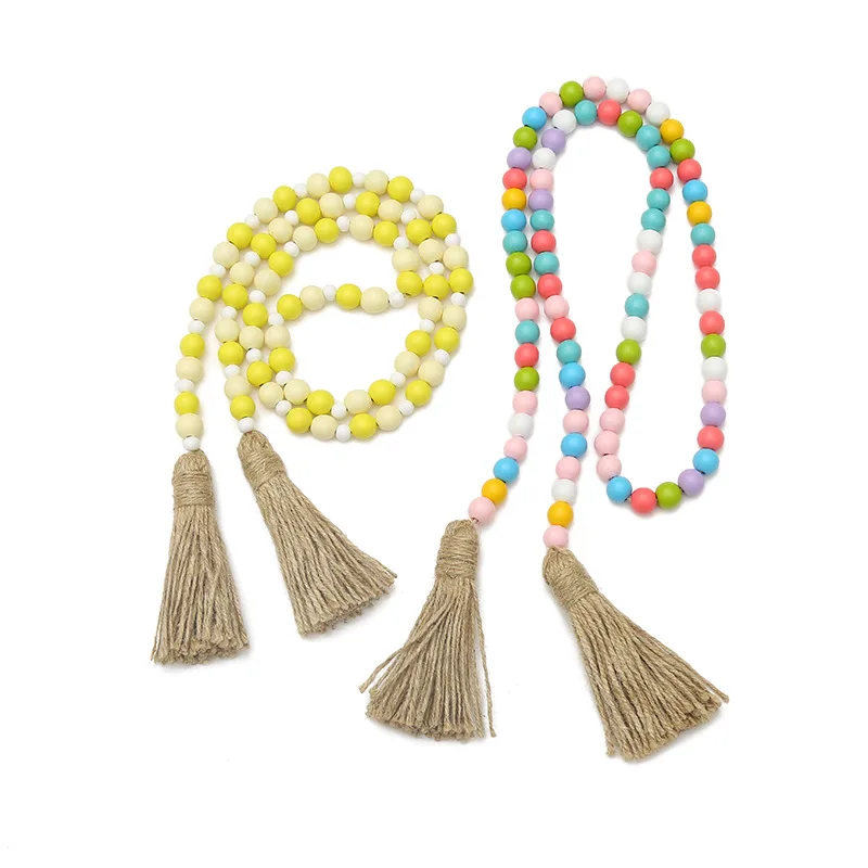 

Farmhouse Rustic Country Handmade Colorful Wooden Beads Tassel Garland Wall Hanging Decoration