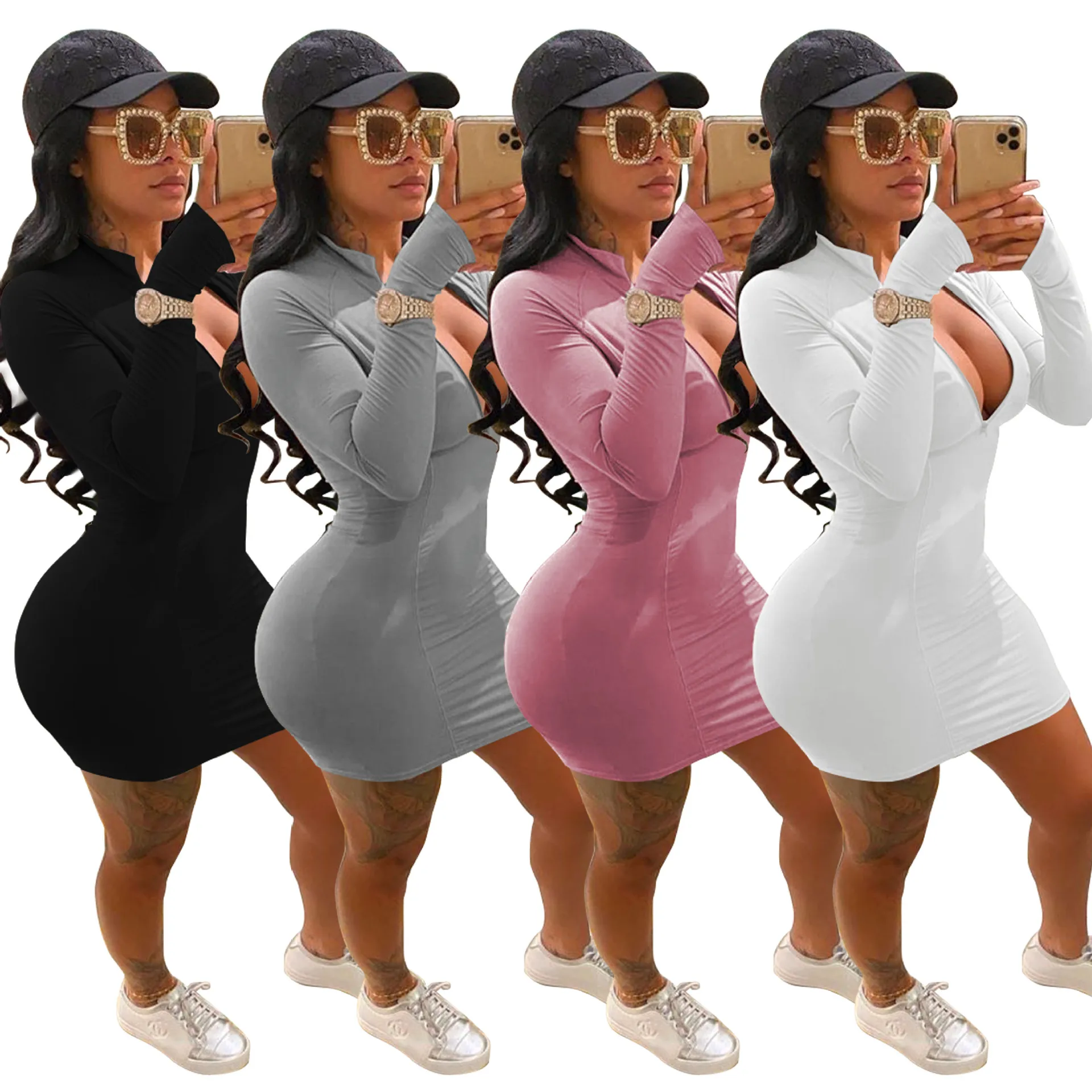 

casual dresses clothing women zipper long sleeve fall autumn clothes solid color wholesale clothes dress women