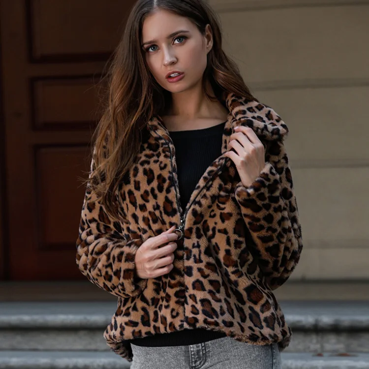 

2019 Autumn and winter Hot sale Women Leopard Long sleeve Faux fur Rabbit hair printing fashion Women's clothing Keep warm coat, Picture color