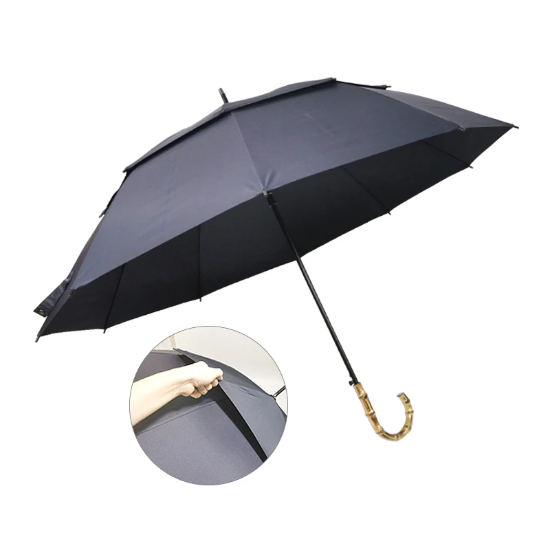 

Double Layer Windproof Fiberglass Strong Golf 60 inch Umbrella with Bamboo Curved Handle, Customized color