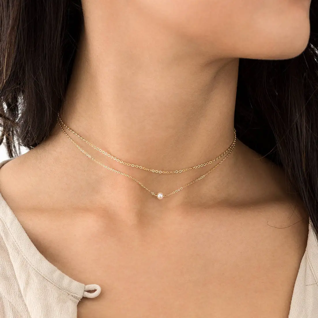 

simple double layer Chain Pearl Pendant Necklace Jewelry for Women, Gold silver