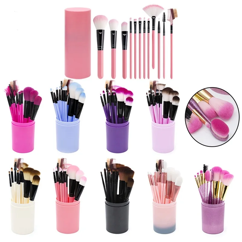 

12 pcs Fashion Fair Wholesale Professional PU Leather Cylinder Holder Makeup Brushes Cosmetic Kit Oval Makeup Brush set, 10 colors can be chose