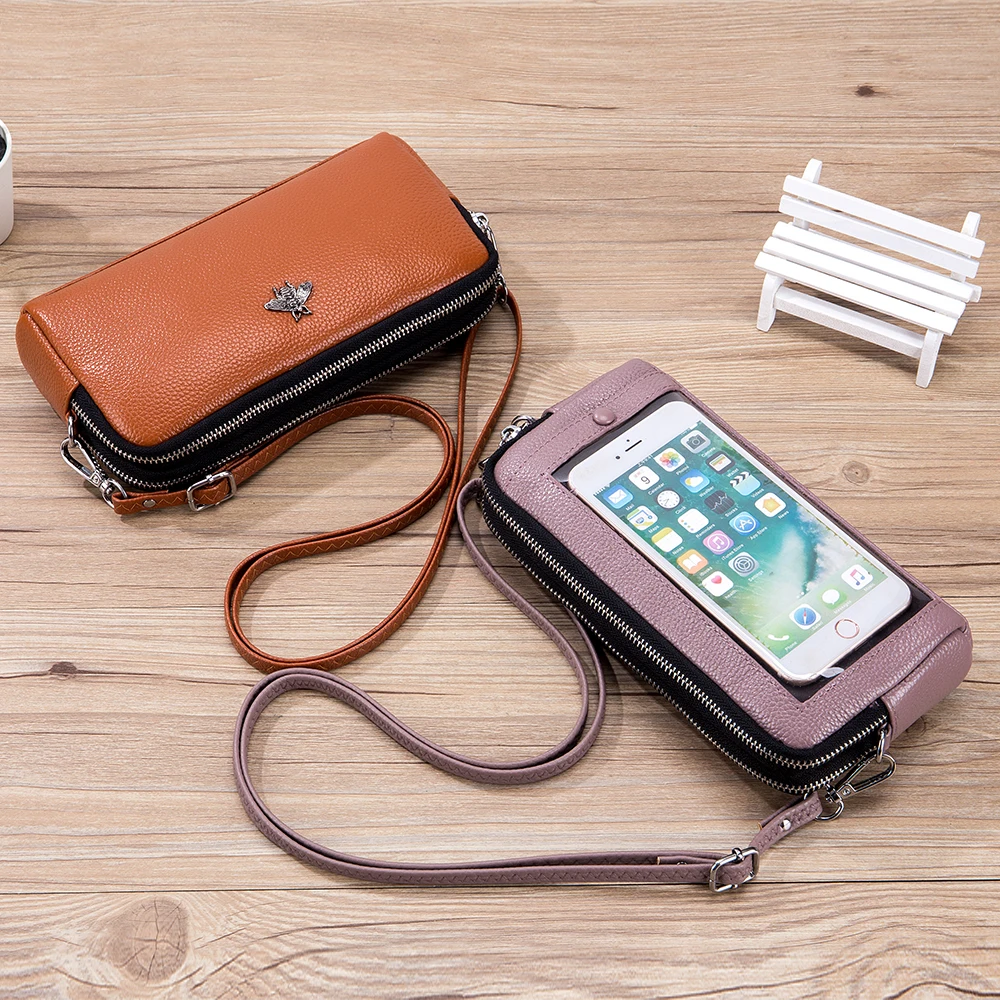 

Wholesale new fashion chest bag genuine leather can touch mobile phone sling bag women's shoulder bag horizontal body