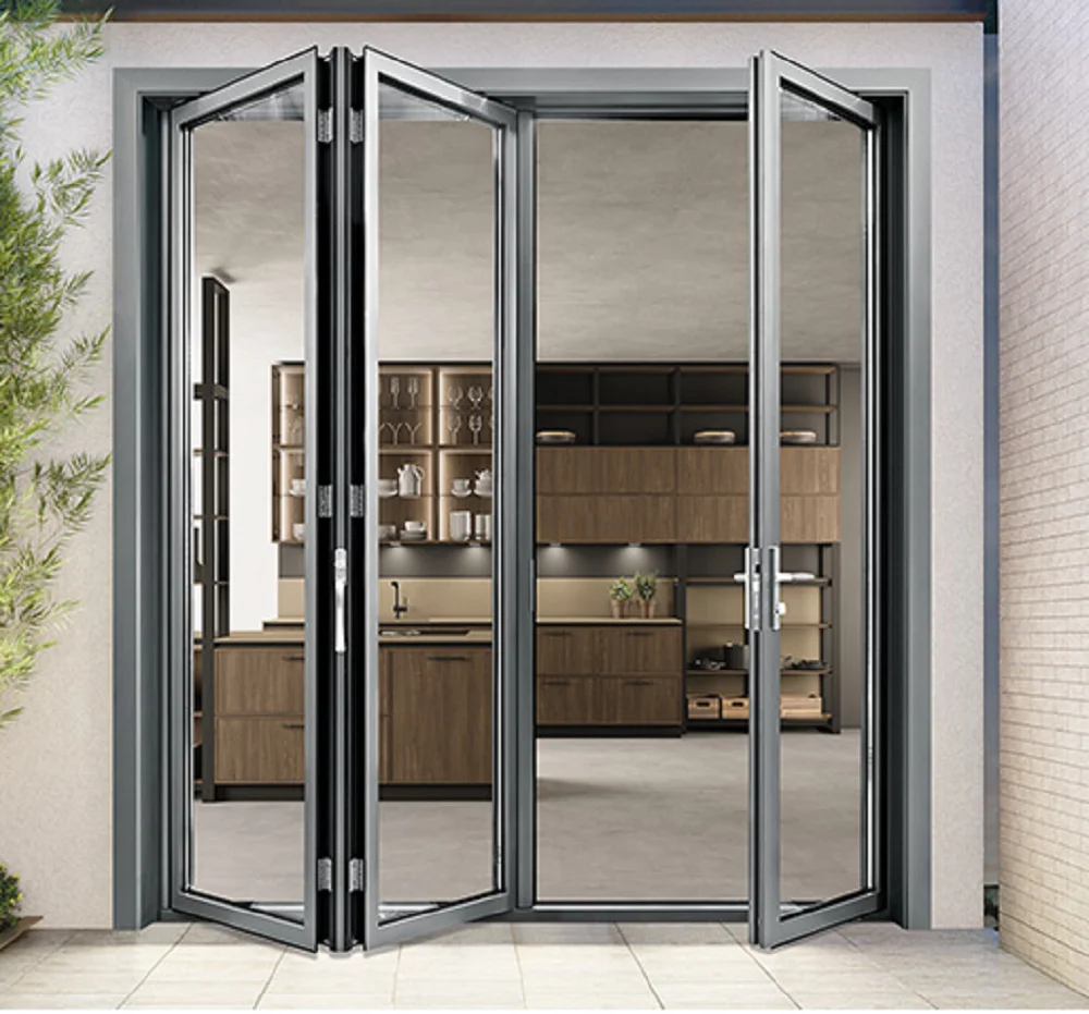 热卖外部铝折叠门系统房子露台双层玻璃铝玻璃双折门 