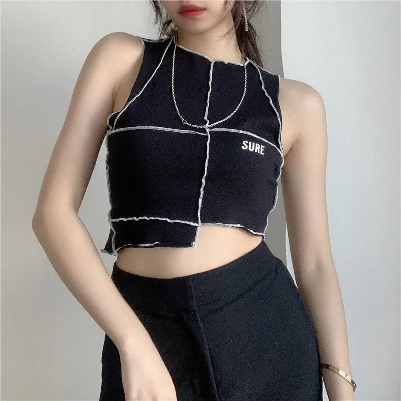 

2021 Irregular Sleeveless Crop Top Women Letter Print Fashion Casual Black Tanks Top Ladies Harajuku Patchwork Vest Summer, As picture