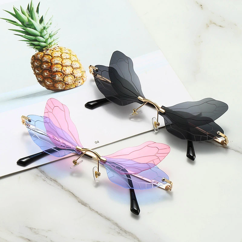 

2021 Luxury Fashion Trendy Women Rimless Butterfly Shaped Frames Sunglasses Sun Glasses, Colorful or customizable
