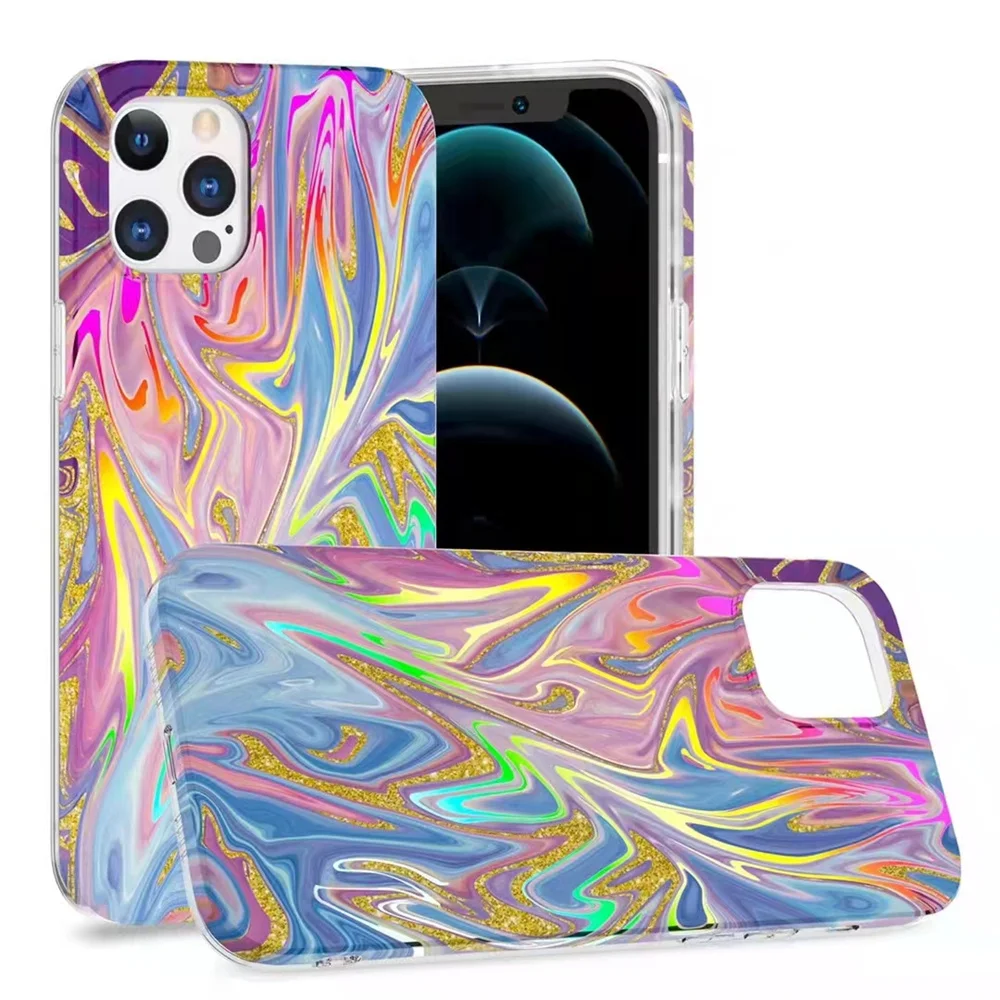 

Luxury Golden Laser Soft Shock Proof TPU Marble Cover Aurora Glitter Cell Phone Case For iphone 12, 5 colors