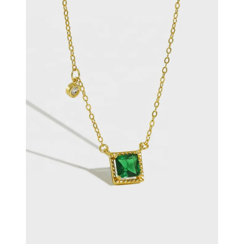 

Geometric Square Emerald Zircon Necklace 18K Gold Plated Sterling Silver For Women Mom Gifts