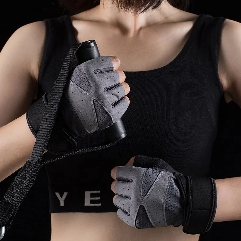 

Female male thin breathable sports equipment training bike half finger with wristbands fitness gloves, Black,grey,pink