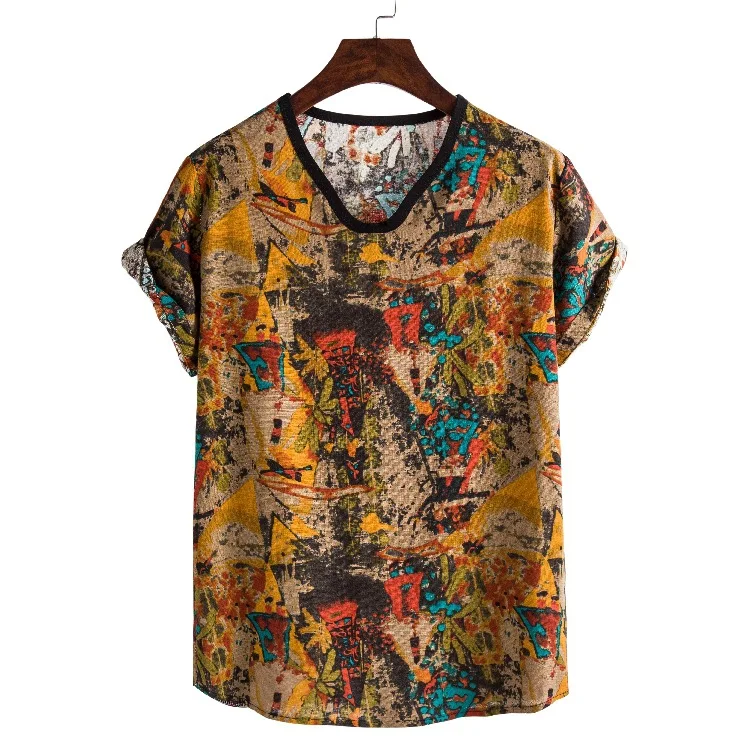 

2020 Latest Design Cheap Men Plus size 5XL Fashion Tie Dye Floral Printed Ethnic Cotton Short Sleeve T-shirt