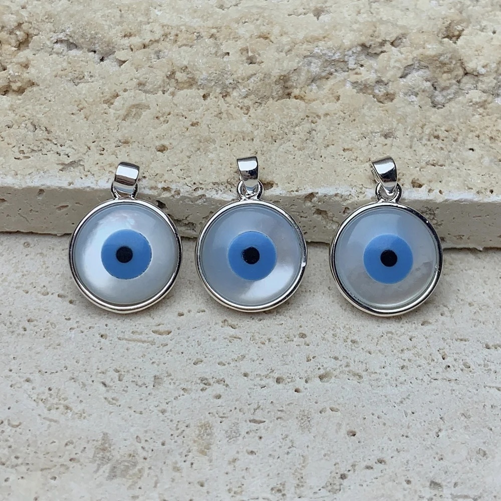 

Classic Silver Gold Round MOP Pearl Shell Blue Evil Eye Pendant Charms DIY Jewelry Making Women Men Necklace Lots Bulk