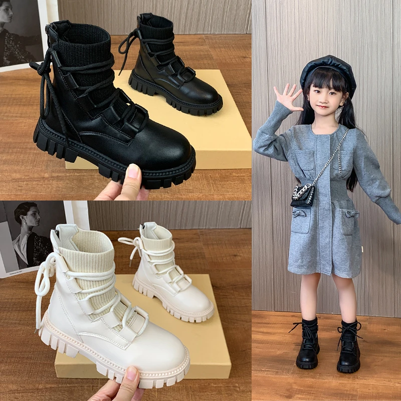 

Girl Casual Loose Boots kids Lace up Ankle Boots Children Winter Warm Microfiber Leather Work Booties