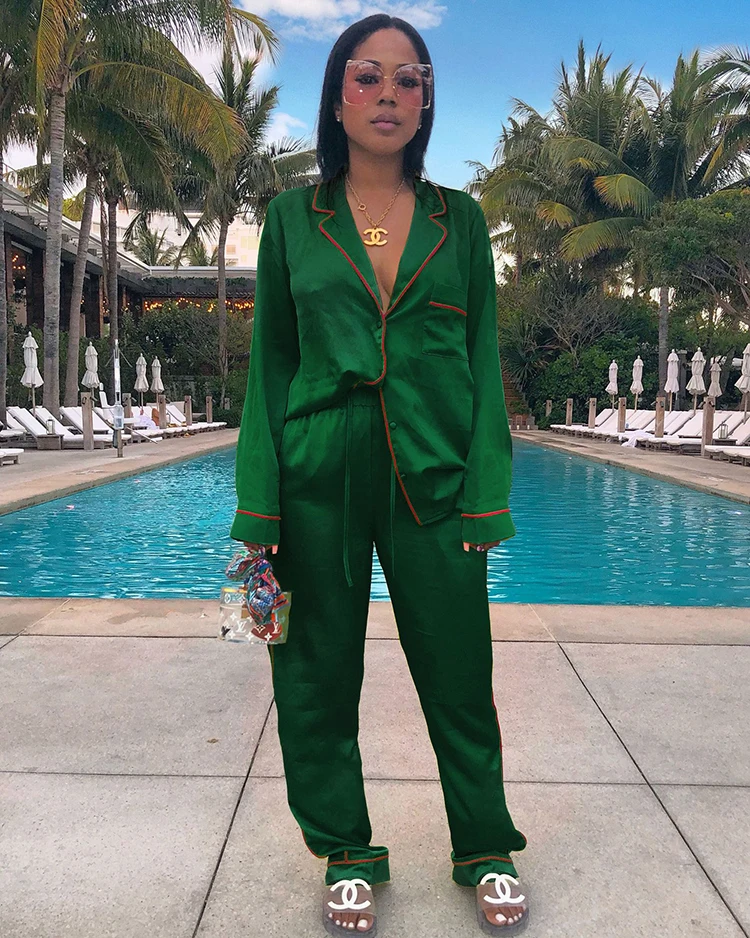 
Summer Fashion V-neck Women sleepwear Long Sleeve Loungewear Two Piece Pajamas 