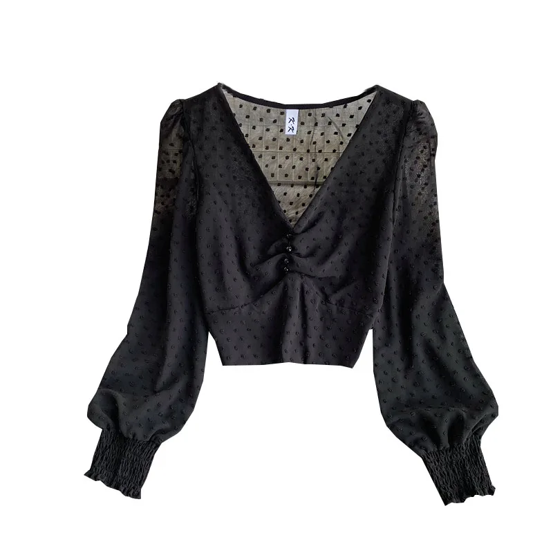 

2021Sexy V-neck Stylish solid Puff Long Sleeve Front Slim Waist Blouse Shirt Women Clothing
